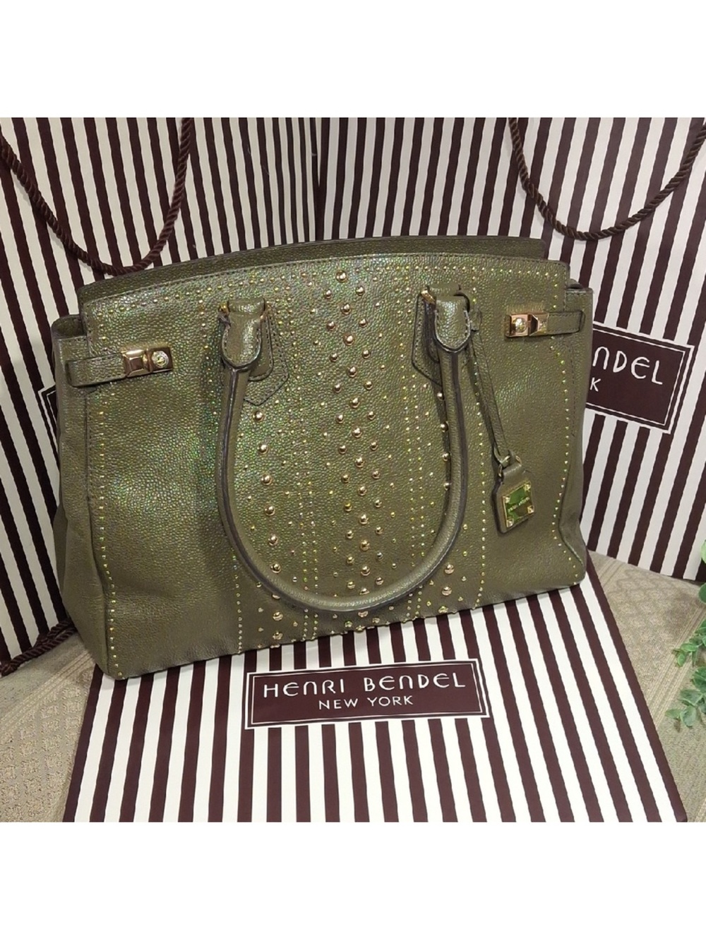 Henri Bendel Carlyle Olive Green Studded Leather Shoulder Bag EUC